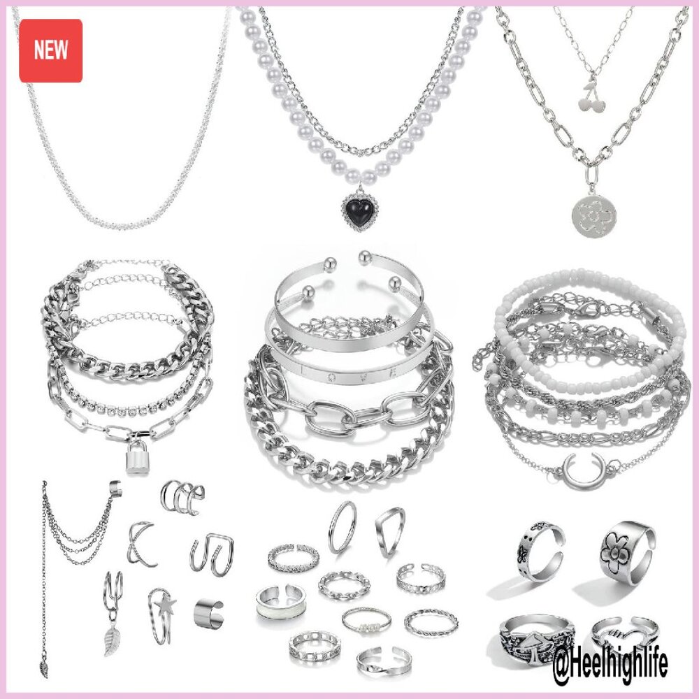 36Piece Silver Plated Jewelry Set With Necklaces Bracelets Rings Ear Cuffs